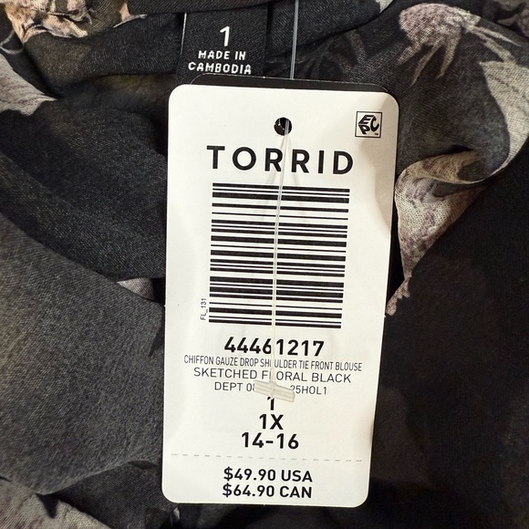 Torrid Chiffon Floral Tie Front Blouse NWT Black 1X (14/16) - Picture 2 of 8